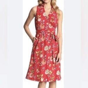 Pendleton Red Tropical Floral Sleeveless Knee Length Tie Wrap Midi Dress